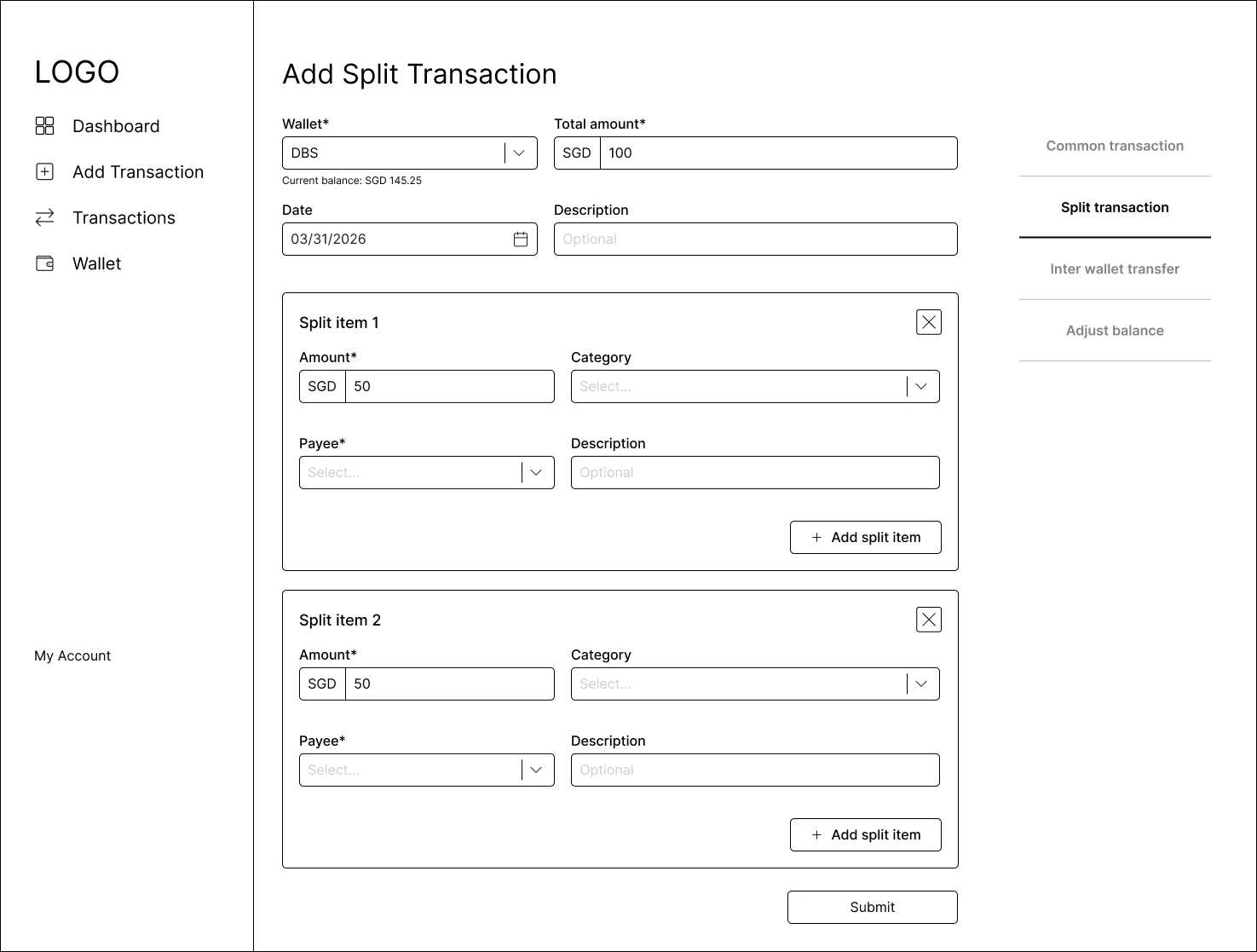 Split transaction wireframe